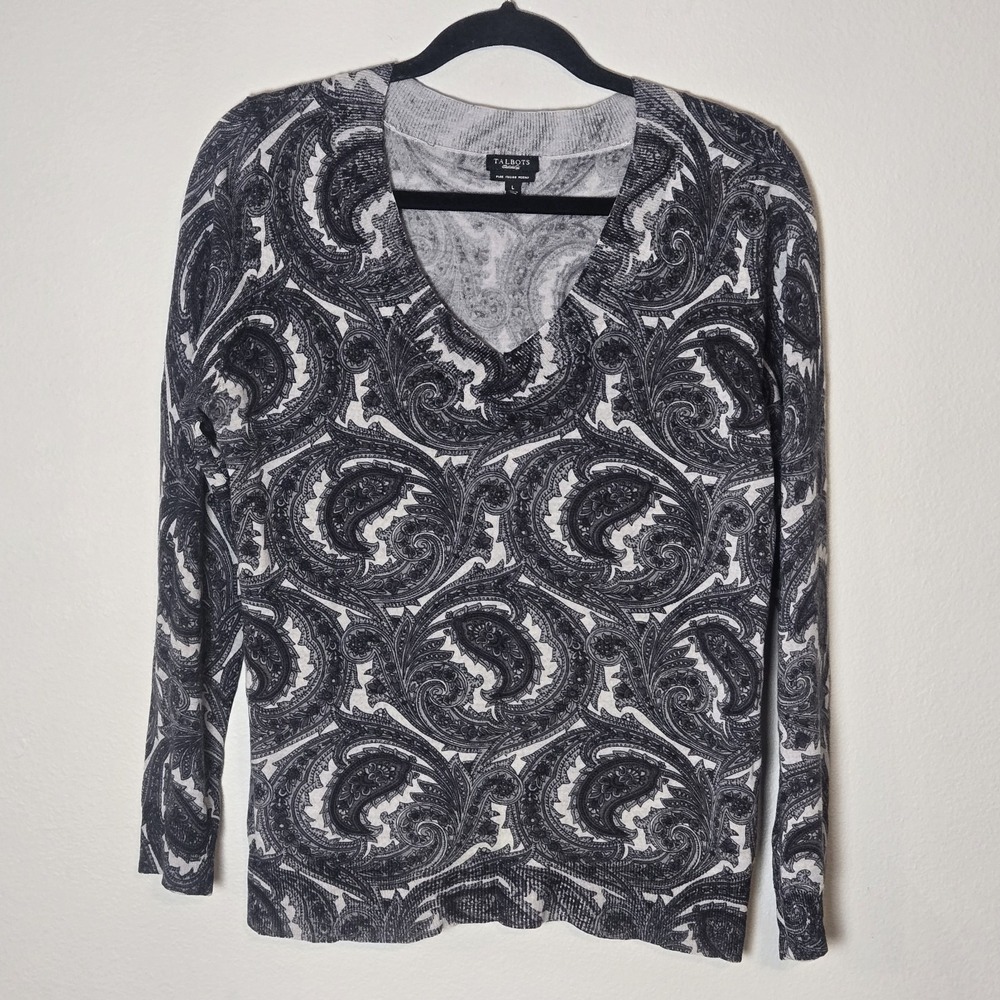 Talbots Italian Merino Wool Lightweight Sweater 3/4 Sleeve Paisley Sz L Black
